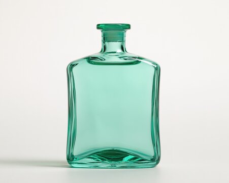 A clear, square-shaped glass bottle with a greenish tint, featuring a narrow neck and a slightly domed top.