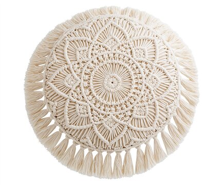 Macrame Round Pillow with Tassel Edging in Cream