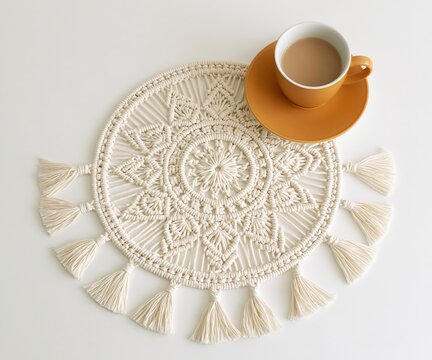 Macrame Trivet with Tassels and Cup of Tea