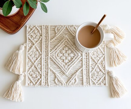 Macrame Placemat with Tassels and Mug of Tea