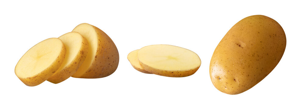 Potatoes set isolated on transparent background. Many big round slices, whole tuber. Unpeeled vegetable cut out PNG. Bright food element. Detailed texture photo. Image for packaging, print design