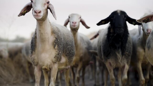 Large flock of sheep and lambs walking together along a rural path. Livestock farming and animal husbandry concept in a dusty countryside setting