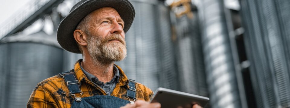 Farmer stands with tablet in hand, looking at grain silos on a sunny day in rural area