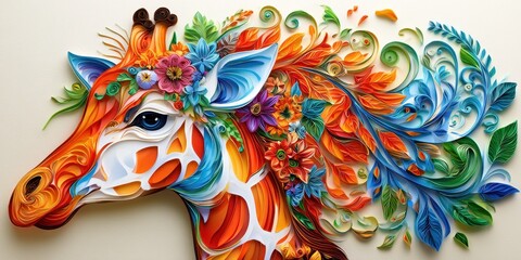 Obraz premium Animal Portrait Paper Quilling Concept. Colorful artistic giraffe head adorned with intricate floral and leaf patterns.