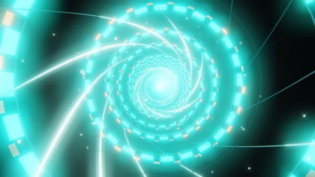 Futuristic cyan and orange neon light tunnel rotating loop background
