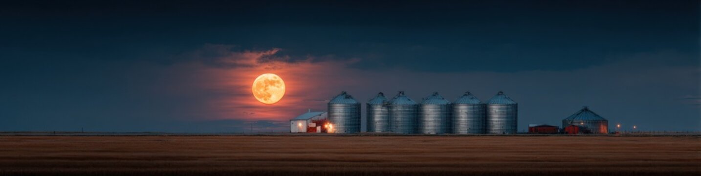 Harvest moon rises over farm with silos and buildings in the rural landscape during night