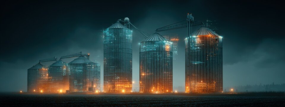 Farm silos at night with lights in a rural area under a dark sky