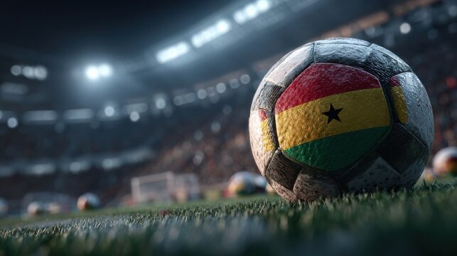 Soccer ball on the field during a match with Ghana flag design, captured in a stadium with bright lights and fans in the background