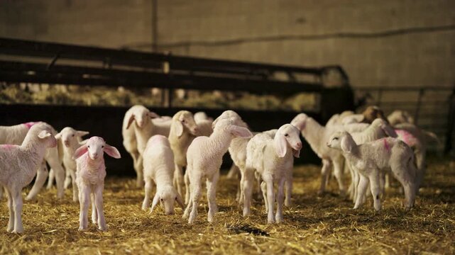 Cute white newborn lambs standing together on a straw covered floor inside a stable. The small sheep flock is looking at the camera