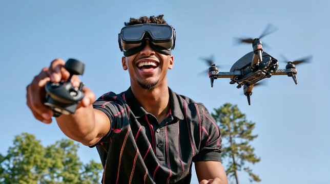 African American boy in virtual reality glasses holding controller in his hand and remotely controlling fpv quadcopter drone in the sky. UAV technology concept. Lifestyle shot for poster, promotion 