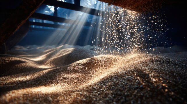 Sunlight filters through wood beams over soft sand inside a dark space during midday
