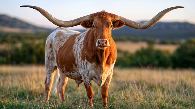 Majestic Texas longhorn bull on pastoral pasture background. Livestock, cattle breeding and ranching concept. Landscape view for wallpaper, banner