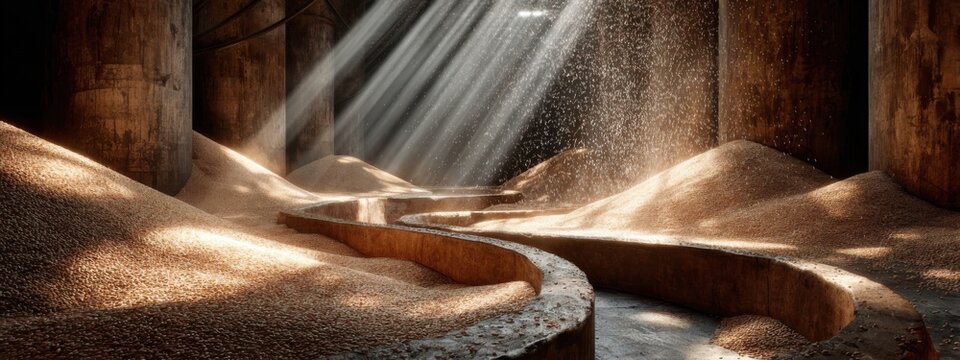 Light shines through a warehouse with grain piles and a pathway in the foreground during the daytime