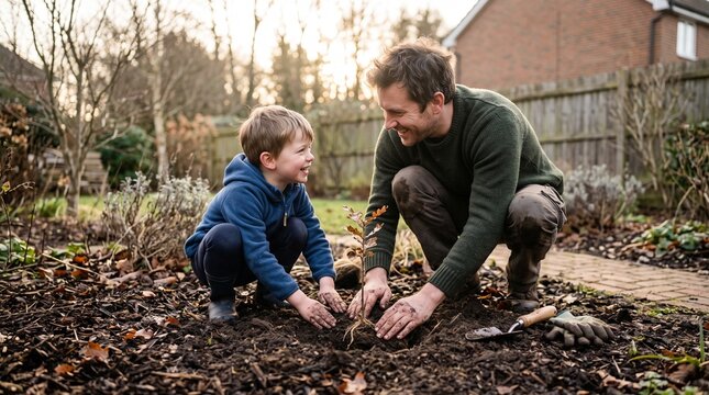 Father and son planting a small tree together in a garden on a sunny day