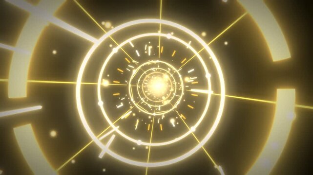 Futuristic Glowing Yellow Tunnel With Rotating Geometric Elements