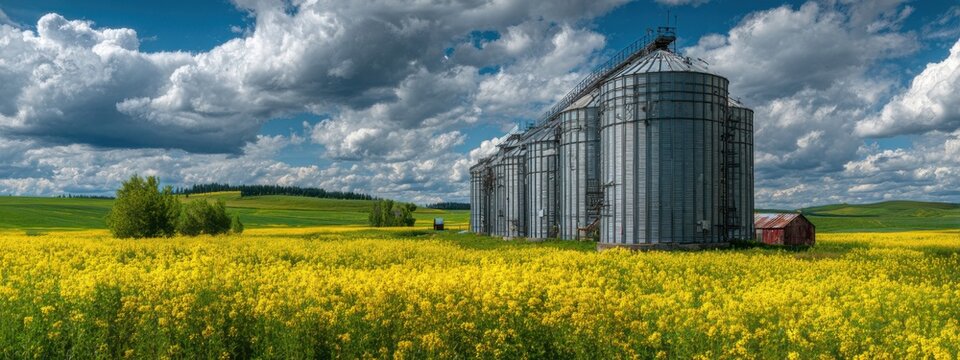 Grain silos stand in a field of yellow flowers under a blue sky with clouds in rural landscape during sunny day