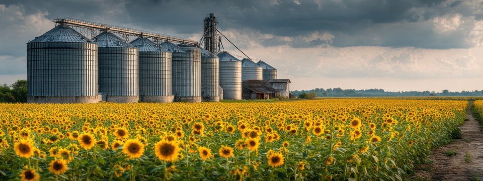 Sunflowers grow around storage silos near a farm under cloudy skies in the afternoon