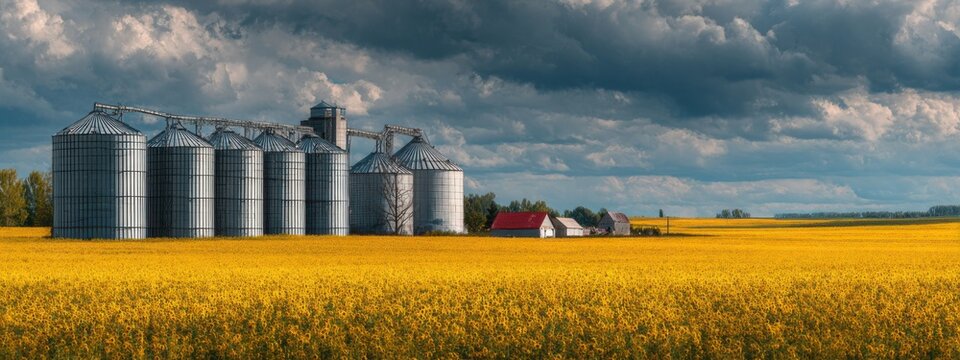 Fields of yellow flowers and silos under a cloudy sky in a rural area