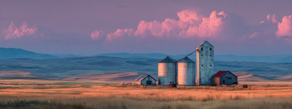 Rustic farm with silos and barn under colorful sky during sunset in the countryside of North America