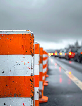 Stack of orange and white barriers filling lower frame with blurred vehicle queue behind generative AI