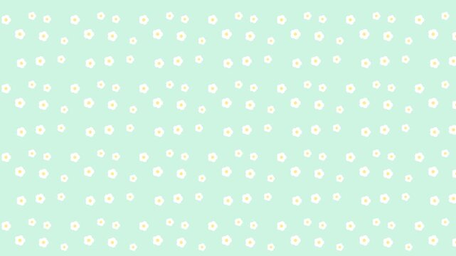 Seamless scrolling white flower on mint pattern, looping animated background for video titles and streams, 4K 58 seconds