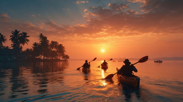 Kayak adventure at sunset on a calm lake surrounded by palm trees and distant boats