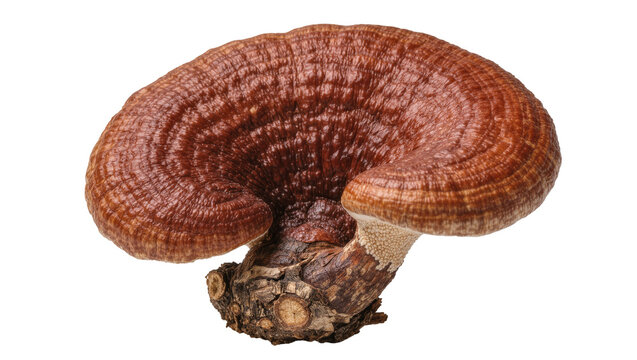 Brown Reishi mushroom with textured cap and woody stem, isolated on transparent background
