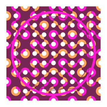 A circular frame containing a repeating pattern of interlocking orange and pink circles on dark... d
