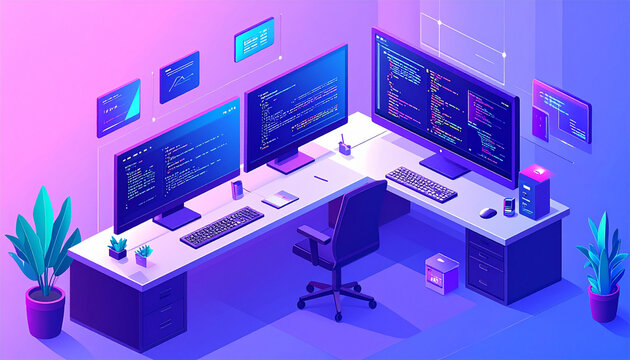Software development workspace with monitors code windows and floating interface components in isometric illustration generative AI