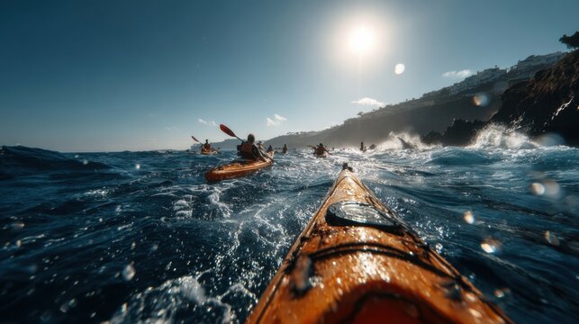 Kayaking in the ocean with waves under bright sun at a coastal beach during daytime activity