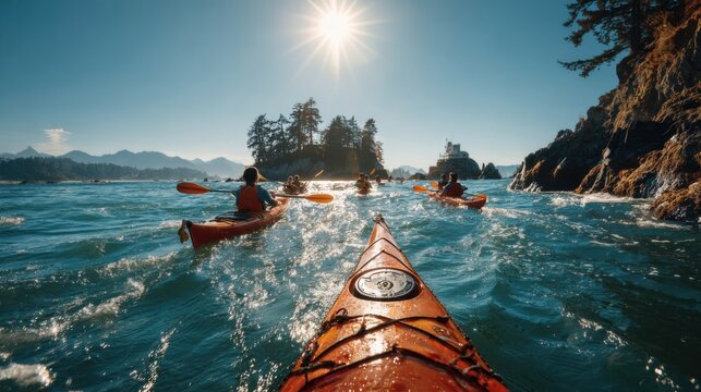 Kayaking adventure in the ocean near a rocky coastline on a sunny day with clear skies