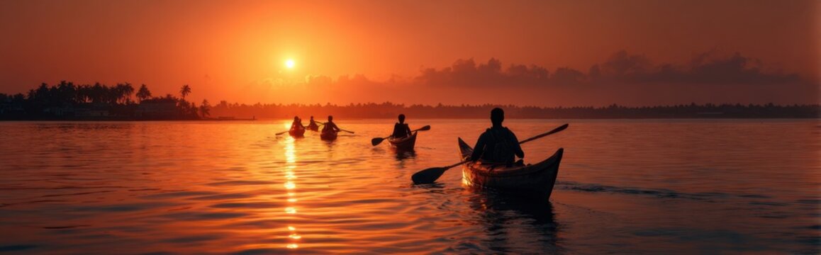 Kayakers paddle across the water during sunset near a tropical shoreline with palm trees in the background