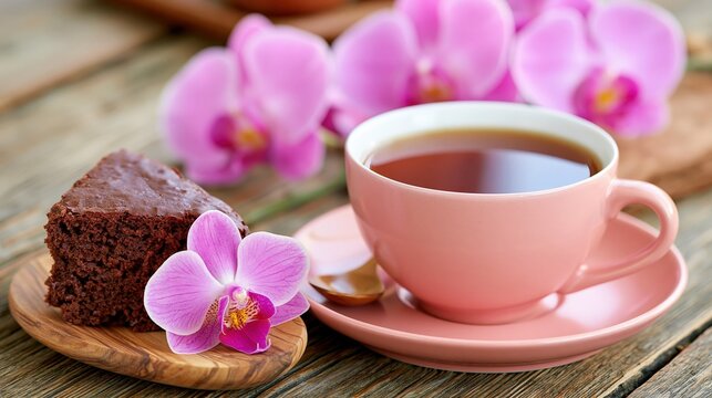 A slice of chocolate cake and a cup of tea are beautifully presented with pink orchids.