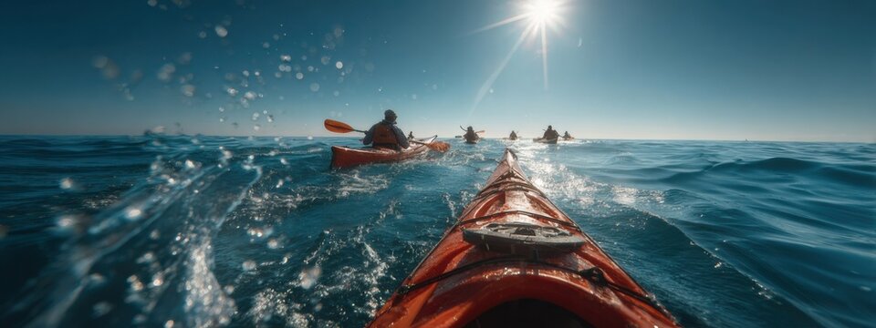 Kayakers paddle along the clear water in open sea under bright sun during midday