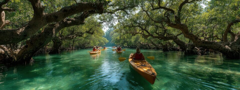 Kayakers explore clear waters surrounded by lush trees in a scenic area during daytime hours
