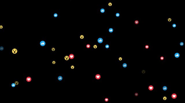 Animated social media live streaming style reaction emojis flying on a black background. Floating animation of a love emoji icon for social media, Social media icon symbol animation. Sign ok.