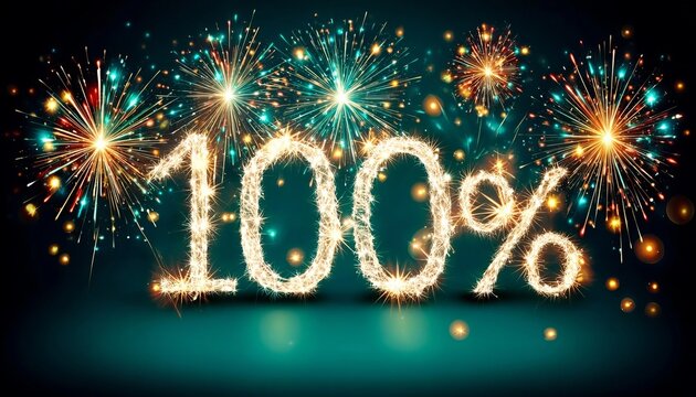 Bright Silver Glittering 100 Percent Symbol Sparked By Festive Fireworks On Dark Emerald Background