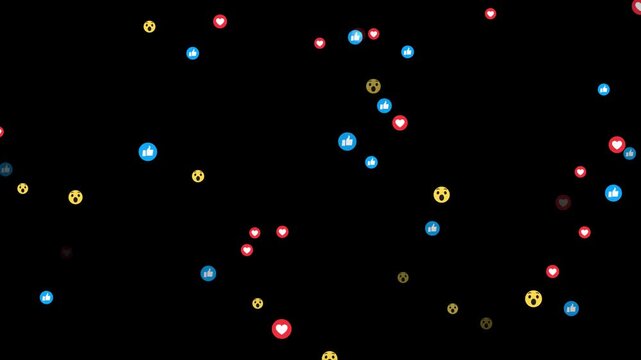 Social media concept reacting to a positive viral post.  Social media icon wow, surprise Facebook live style animation isolated black background. Red round icon with white heart flying up. 