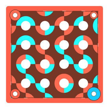 A square frame with a repeating pattern of interlocking circles and semi-circles in brown and blue d