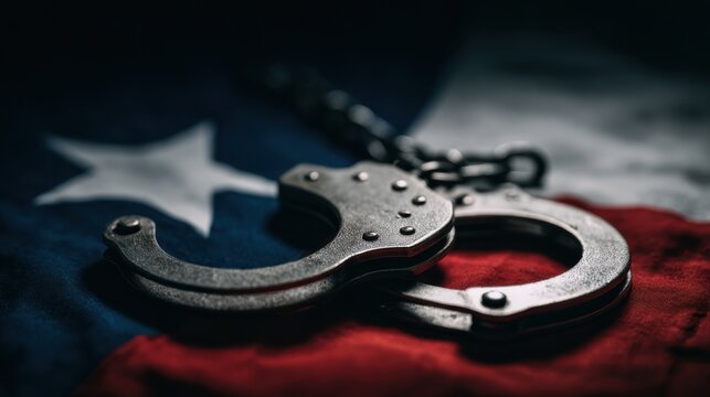 Handcuffs resting on Texas flag during day time showing law enforcement symbols and state pride