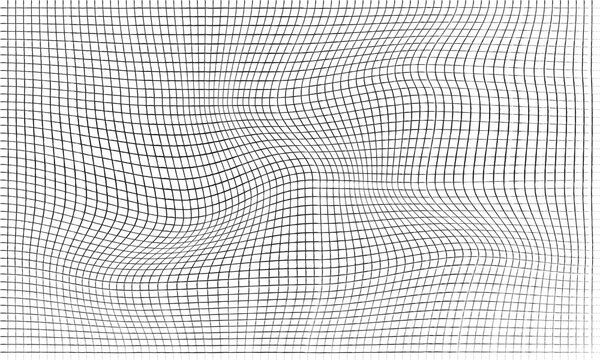 Distorted wireframe mesh grid illustration with warped optical wave ripples and perspective line pattern