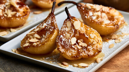Obraz premium Halved and glazed with honey, sweet baked pears were sprinkled with almond slices and a dusting of powdered sugar