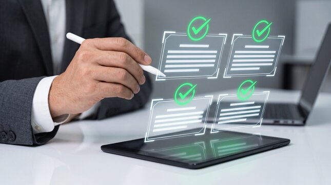 Automated risk management, four quadrant document approval workflow matrix with corporate executive reviewing digital legal compliance files using sleek stylus pen on reflective office table.