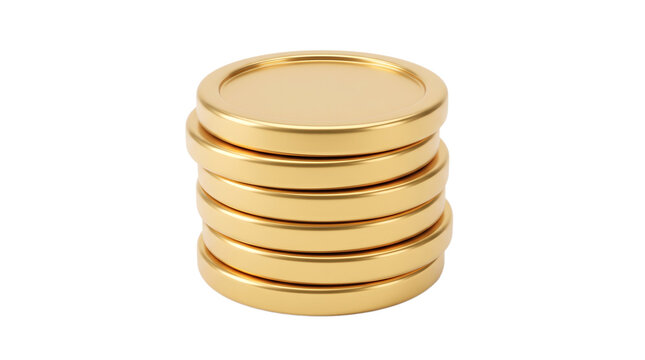 Stack of shiny golden coins arranged vertically isolated on pure white background representing wealth, financial savings, investment success, banking growth, currency profit, and monetary