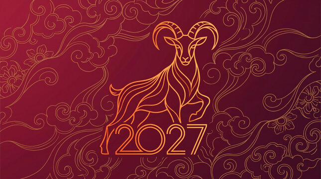 2027 Year of the Fire Goat Chinese Zodiac Red Gold Background. New Year 2027