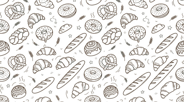 Bakery Seamless Pattern Background with Doodle Hand Drawn Croissant Baguette Donut Pretzel Bun and Wheat Elements for Wrapping Paper Fabric Designs