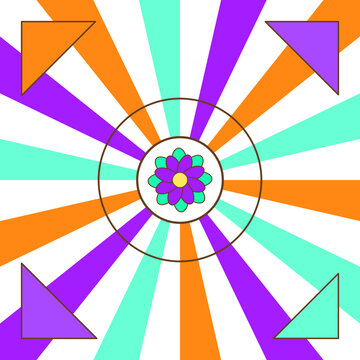Vibrant abstract radial burst of orange, purple, and teal stripes emanating from a central floral motif with four corner triangles, creating.