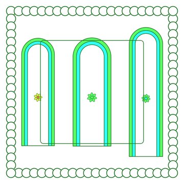Three green arched shapes with blue outlines and small flower centered inside a dotted border box de