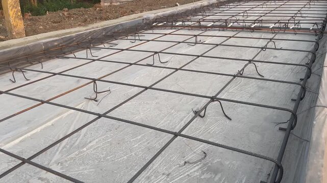 Steel rebar framework wire mesh preparation for concrete slab pouring