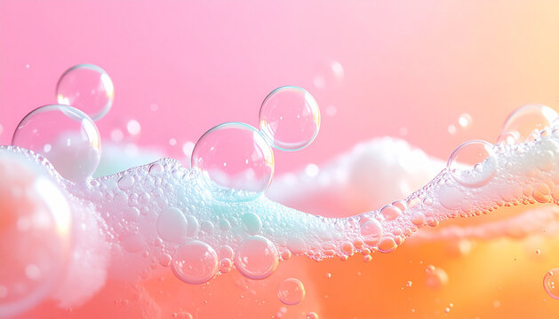 Soft foam bubbles floating upward with gentle blur against clean seamless bright background generative AI